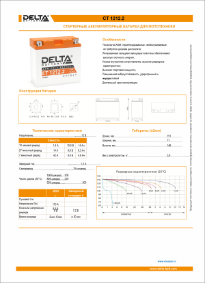 Аккумулятор для мототехники DELTA CT 1212.2 12Ah 155A прям. пол. 151x71x146 (YT14B-BS)