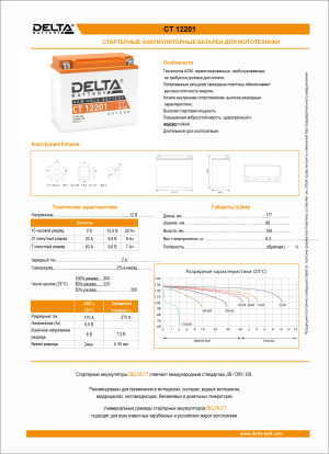 Аккумулятор для мототехники DELTA CT 12201 20Ач обр. пол. 177x87x154 (YTX20L-BS, YTX20HL-BS, YB16L-B, YB18L-A)