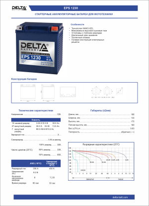 Аккумулятор для мототехники DELTA EPS 1230 30Ач 400А обр. пол. NANO-GEL166x130x175 (YIX30 Ач, YIX30L-BS, YB30L-B)