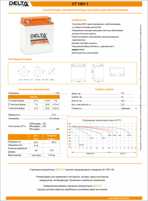 Аккумулятор для мототехники DELTA CT 1207.1 7Ач 100A обр. пол. 114x70x132 (YTX7L-BS)