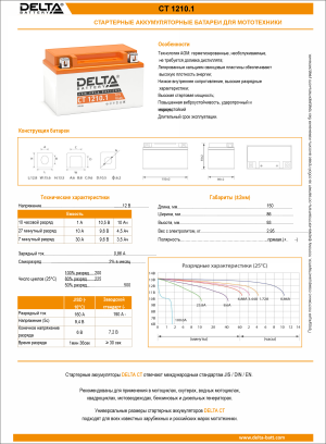 Аккумулятор для мототехники DELTA CT 1210.1 10Ач 190A прям. пол. 150x86x93 (YTZ10S)