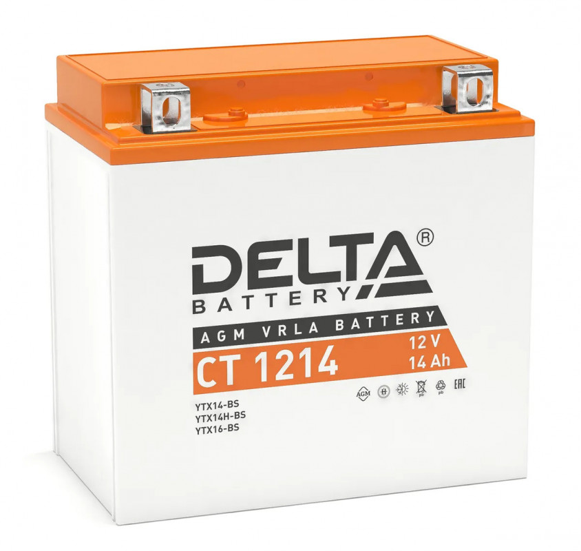 Аккумулятор Мото DELTA CT 1214 14Ач 200A прям. пол. 151x88x147 (YTX14-BS, YTX14H-BS, YTX16-BS, YB16B-A)