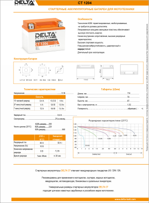 Аккумулятор для мототехники DELTA CT 1204 4Ач 50A обр. пол. 114x70x87 (YTZ5S, YTX4L-BS)