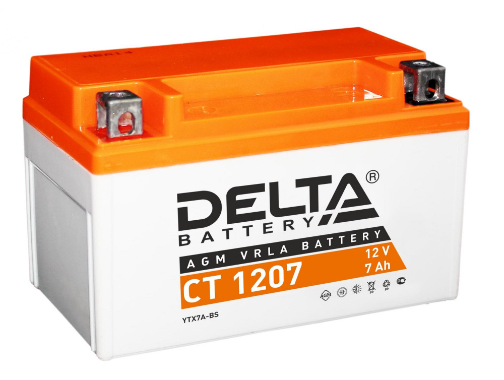 Аккумулятор Мото DELTA CT 1207 7Ач 105A прям. пол. 150x86x94 (YTX7A-BS)
