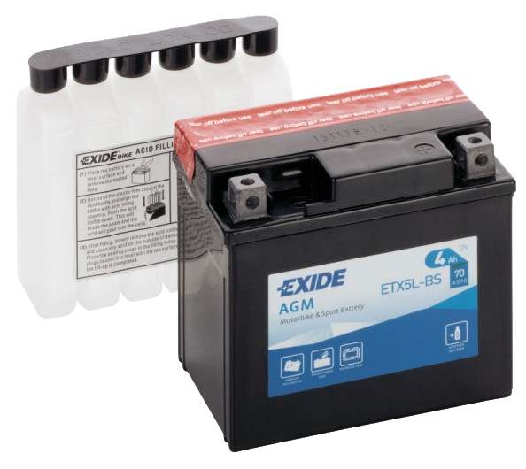 Аккумулятор для мототехники EXIDE AGM ETX5L-BS 4Ач 70A обр. пол. 113x70x105 (YTX5L-BS, YTZ7S, YTZ6S)