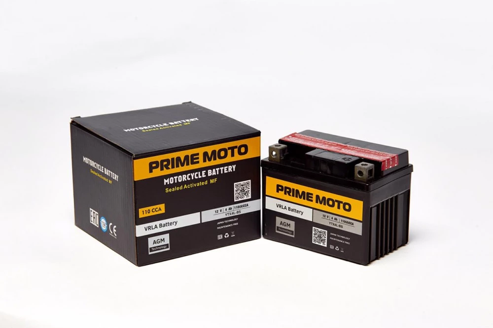 Аккумулятор для мототехники PRIME MOTO AGM 12.4 4Ач 110A обр. пол. 113x70x85 (PTX4L-BS, YTX4L-BS)