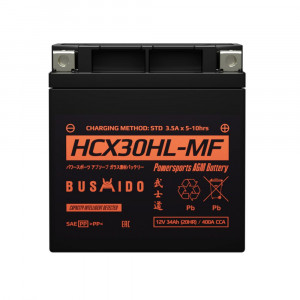 Аккумулятор Мото AGM BUSHIDO HCX30HL-MF 34Ач 400A прям. пол. 166x127x175 (YIX30L, GYZ32HL)