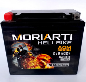 Аккумулятор для мототехники Moriarti HELL BIKE AGM 18Ач 350А прям. пол. 175х87х155 (YTX20-BS, СТ 1218, YTX20H)