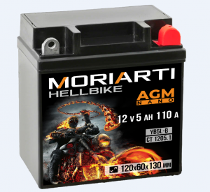 Аккумулятор для мототехники Moriarti HELL BIKE AGM 5Ач 110А обр. пол. 120х60х130 (YB5L-B, СТ 1205.1)