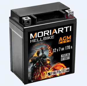 Аккумулятор для мототехники Moriarti HELL BIKE AGM 7Ач 170А обр. пол. 114х71х131 (YTX7L, СТ 1207.1, YTX7L-BS)