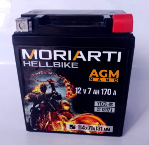 Аккумулятор для мототехники Moriarti HELL BIKE AGM 7Ач 170А обр. пол. 114х71х131 (YTX7L, СТ 1207.1, YTX7L-BS)