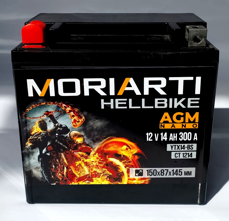 Аккумулятор для мототехники Moriarti HELL BIKE AGM 14Ач 300А прям. пол. 150х87х145 (YTX14-BS, СТ 1214)
