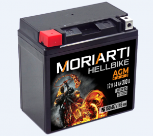 Аккумулятор для мототехники Moriarti HELL BIKE AGM 14Ач 300А прям. пол. 150х87х145 (YTX14-BS, СТ 1214)