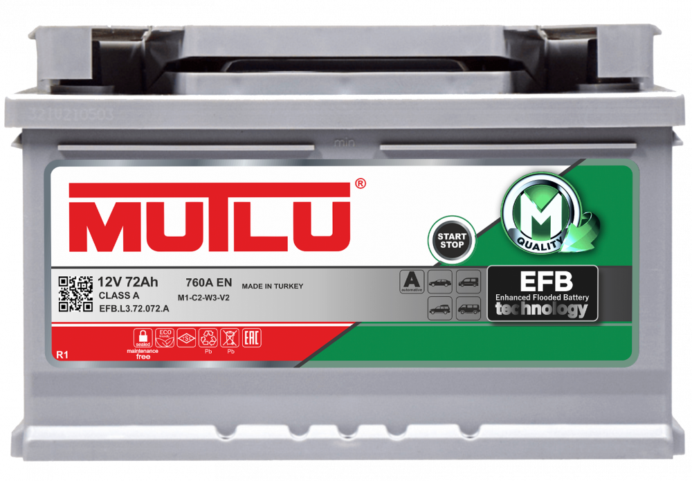 Аккумулятор Mutlu EFB 72 Ач обр. пол. 760A 278x175x190