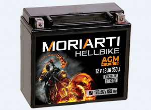 Аккумулятор для мототехники Moriarti HELL BIKE AGM 18Ач 350А обр. пол. 175х87х155 (YTX20L-BS, YTX20HL-BS, СТ 12201, YB16L-B, YB18L-A)