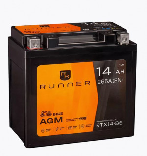 Аккумулятор для мототехники RUNNER AGM 14Ah 265А прям. пол.	150x87x145 (RTX14-BS, YTX14-BS, YTX14H-BS)