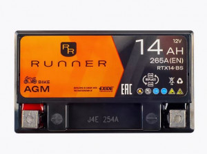 Аккумулятор для мототехники RUNNER AGM 14Ah 265А прям. пол.	150x87x145 (RTX14-BS, YTX14-BS, YTX14H-BS)