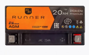 Аккумулятор для мототехники RUNNER AGM 20Ah 310А обр. пол. 176x87x154 (RTX20HL-BS, YTX20L-BS, YB18L-A)