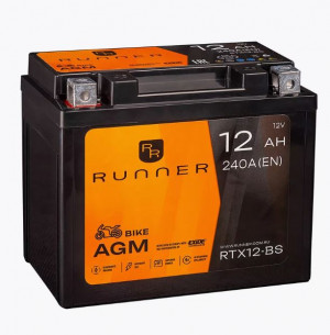 Аккумулятор для мототехники RUNNER AGM 12Ah 240А прям. пол. 150x87x130 (RTX12-BS, YTX14-BS, YTX12-BS, YT12A-BS)