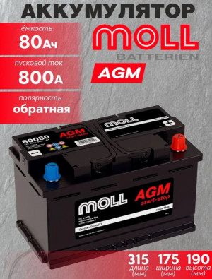 Аккумулятор MOLL AGM 80 Ач обр. пол. 800А 315х175х190