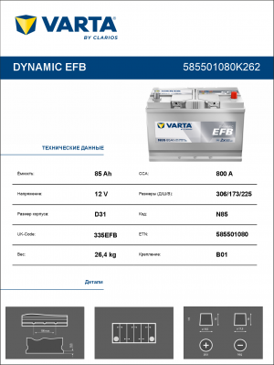 Аккумулятор Varta EFB N85 85 Ач обр. пол. 800A 306x173x225 (New)