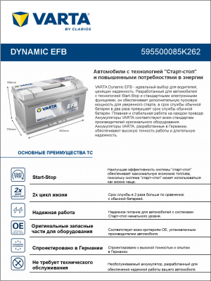 Аккумулятор Varta EFB N95 95 Ач обр. пол. 850A 353x175x190 (New)