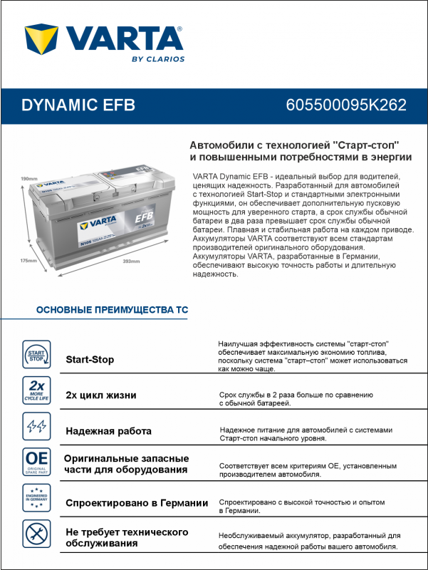 Аккумулятор Varta EFB N105 105 Ач обр. пол. 950A 394x175x190 (New)
