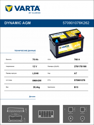 Аккумулятор VARTA DYNAMIC AGM А7 70Ач обр. пол. 760A 278x175x190