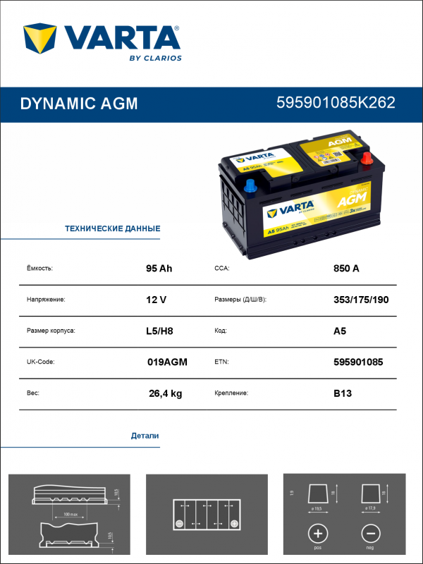 Аккумулятор VARTA DYNAMIC AGM А5 95Ач обр. пол. 850A 353x175x190 (595901085)