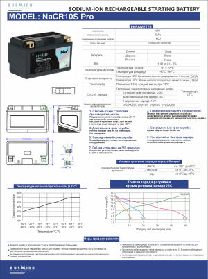 Аккумулятор BUSHIDO NaCR10S Pro Натрий-ионный 9Ач 180A прям. пол. 150x86x94 YTZ10S-BS