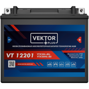 Аккумулятор для мототехники VEKTOR+ AGM VT12201 20Ач 270A обр. пол. 177x88x155 (YTX20L-BS)