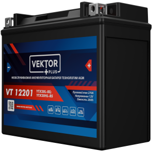 Аккумулятор для мототехники VEKTOR+ AGM VT12201 20Ач 270A обр. пол. 177x88x155 (YTX20L-BS)