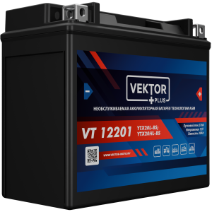 Аккумулятор для мототехники VEKTOR+ AGM VT12201 20Ач 270A обр. пол. 177x88x155 (YTX20L-BS)
