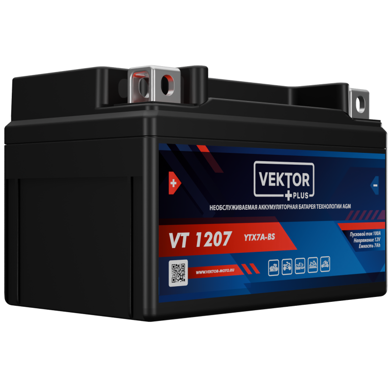 Аккумулятор для мототехники VEKTOR+ AGM VT1207 7Ач 100A прям. пол. 150x86x94 (YTX7A-BS)