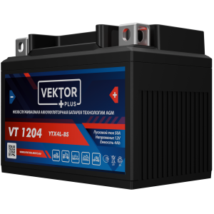 Аккумулятор для мототехники VEKTOR+ AGM VT1204 4Ач 50A обр. пол. 113x70x86 (YTX4L-BS)