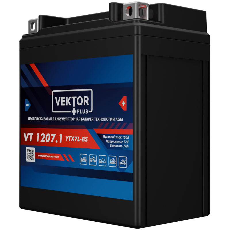 Аккумулятор для мототехники VEKTOR+ AGM VT1207.1 7Ач 100A обр. пол. 113x70x130 (YTX7L-BS)