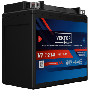 Аккумулятор для мототехники VEKTOR+ AGM VT1214 14Ач 200A прям. пол. 150x86x140 (YTX14-BS)