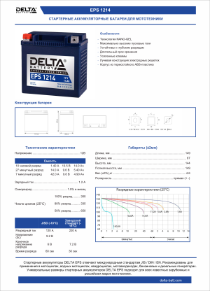 Аккумулятор для мототехники DELTA EPS 1214 12Ач 210A прям. пол. 149x87x144 (YTX14-BS, YTX14H-BS, YTX16-BS, YB16B-A)