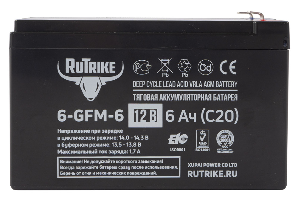 Тяговый аккумулятор RuTrike 6-GFM-6 12V 6Ah C20 прям. пол 150x50x99